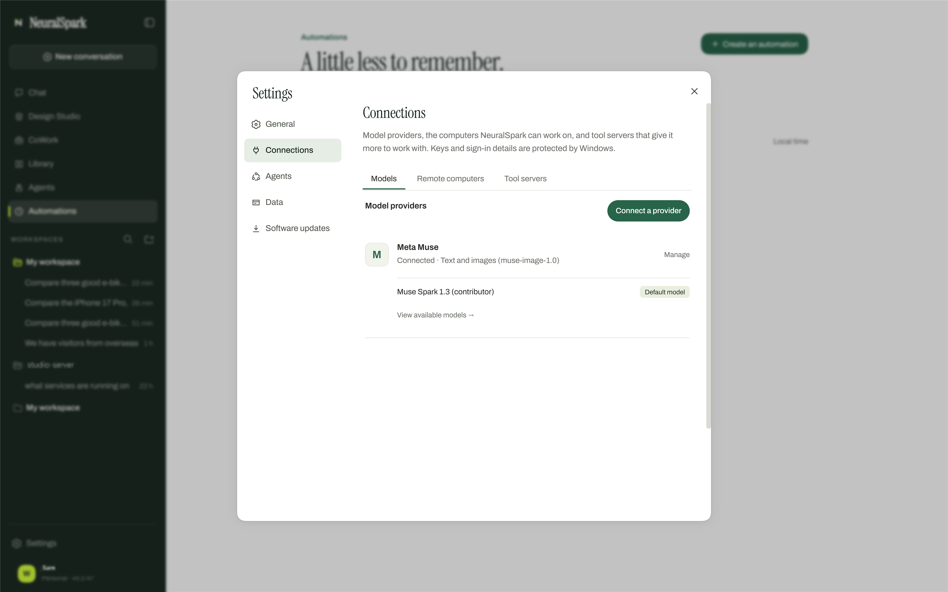 Settings › Connections › Models in NeuralSpark with a provider connected.