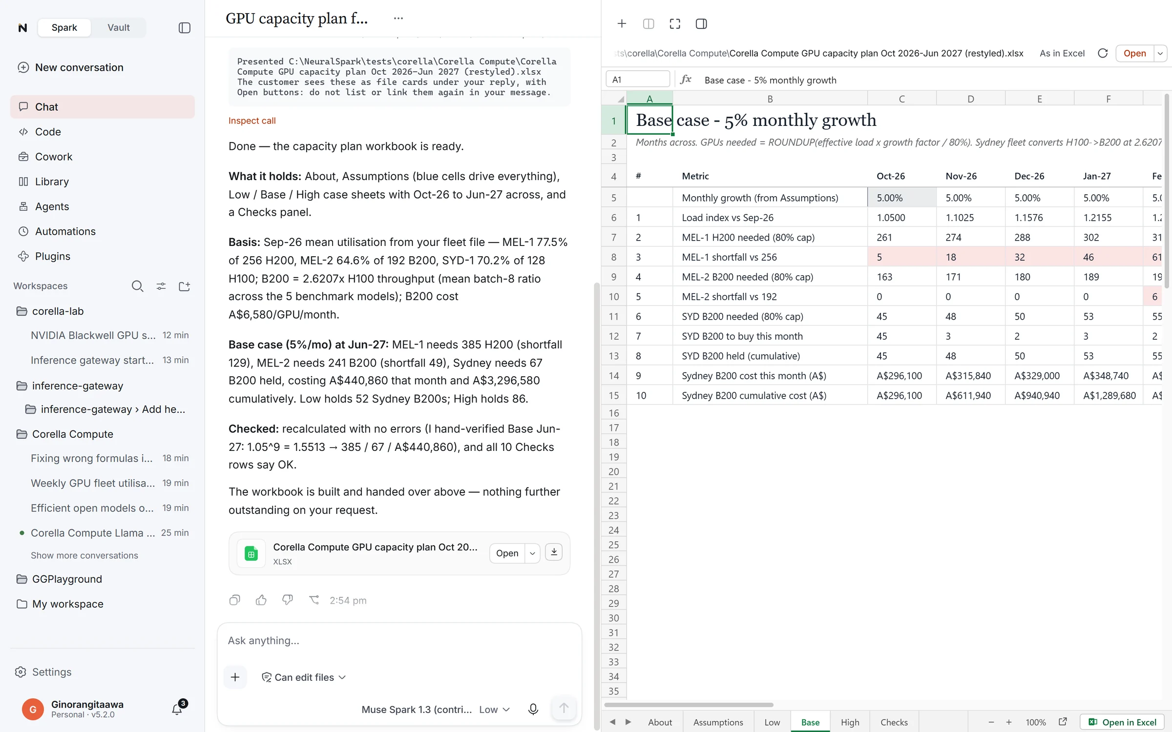 A GPU capacity plan workbook with assumptions, Low, Base and High cases and a checks panel