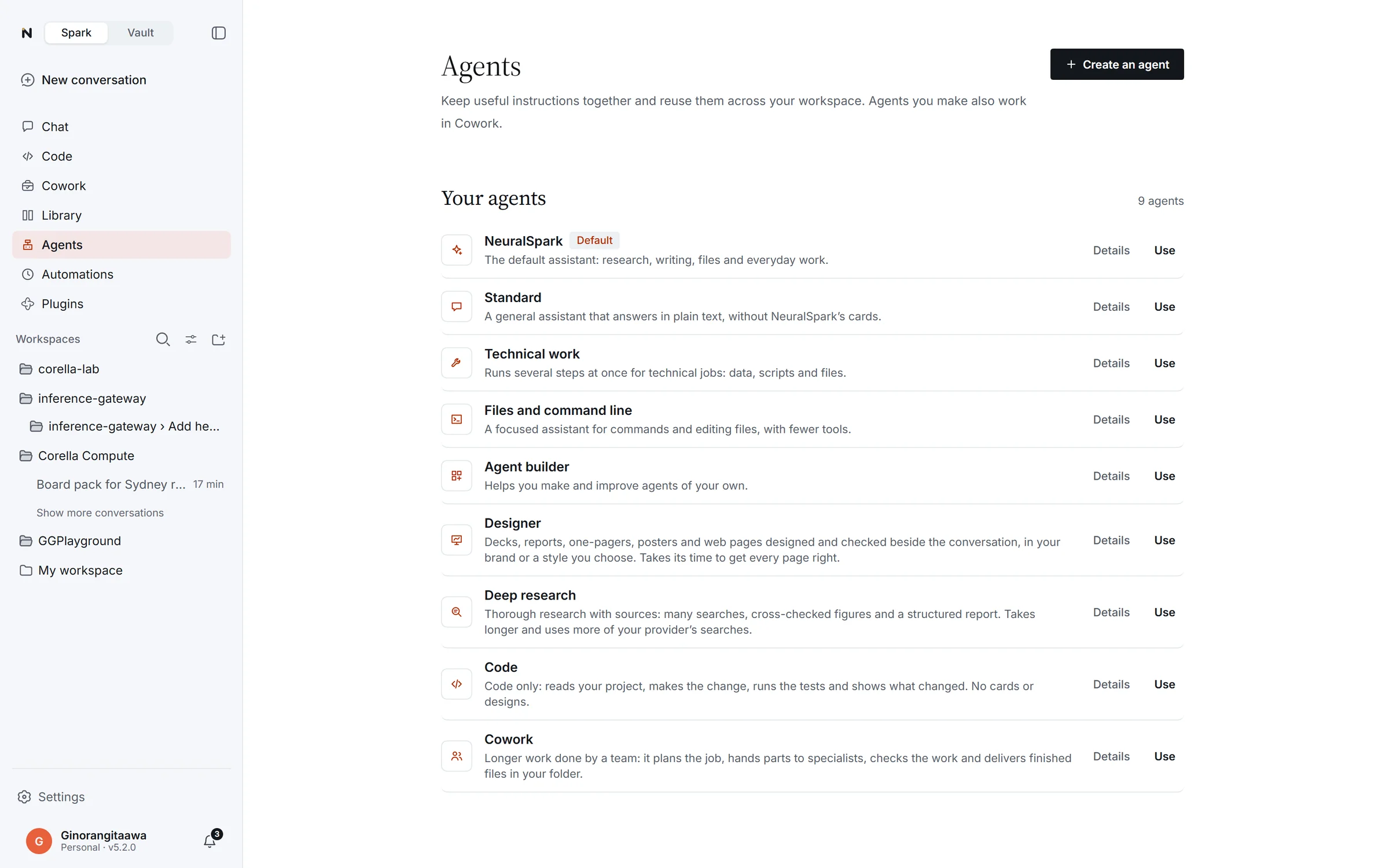 The Agents page: NeuralSpark's built-in agents and the ones you make, each with Details and Use