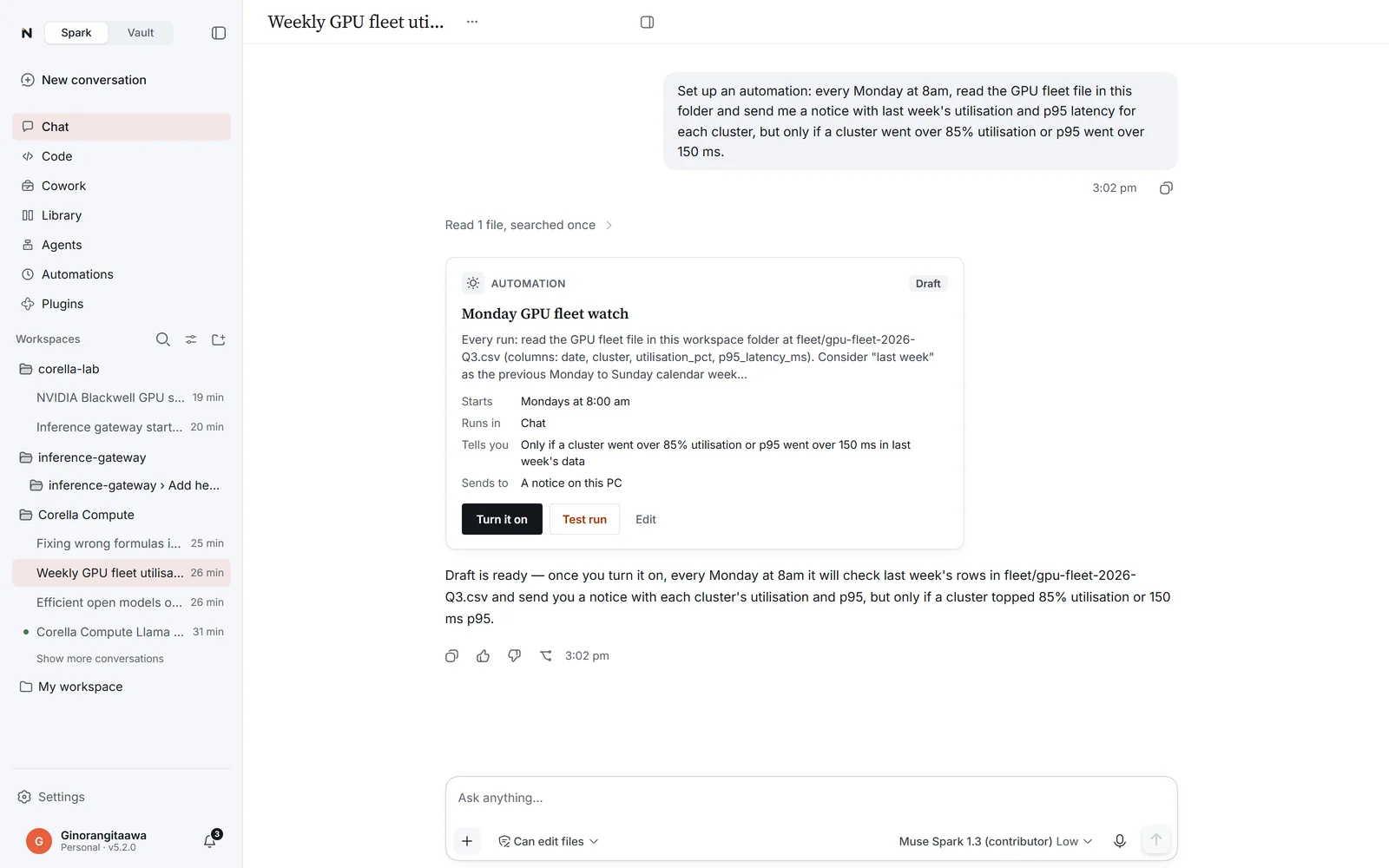 One automation run opened: its steps and the summary it sent