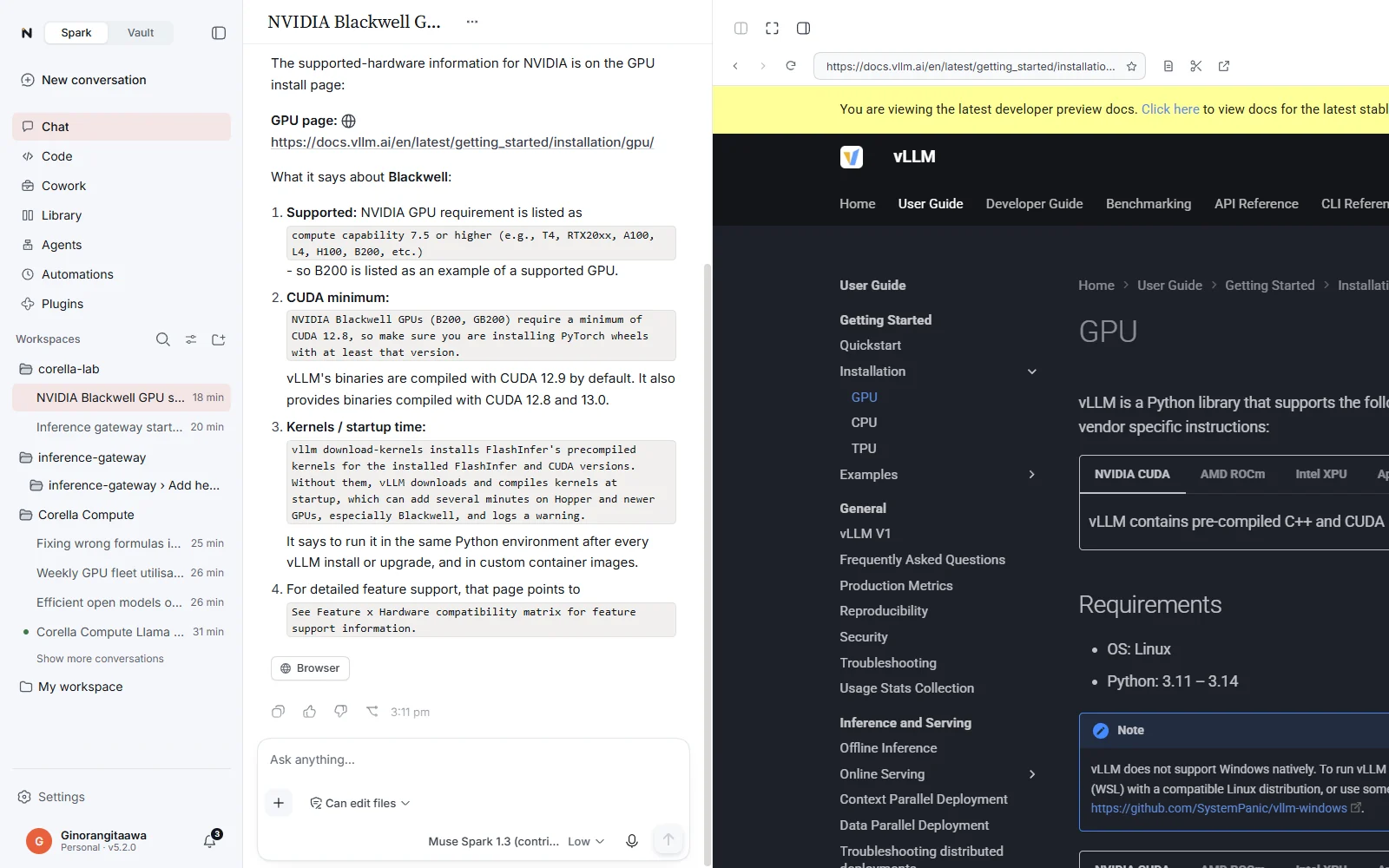 The NeuralSpark browser beside a conversation, reading a web page with a soft glow round the page while it is in control