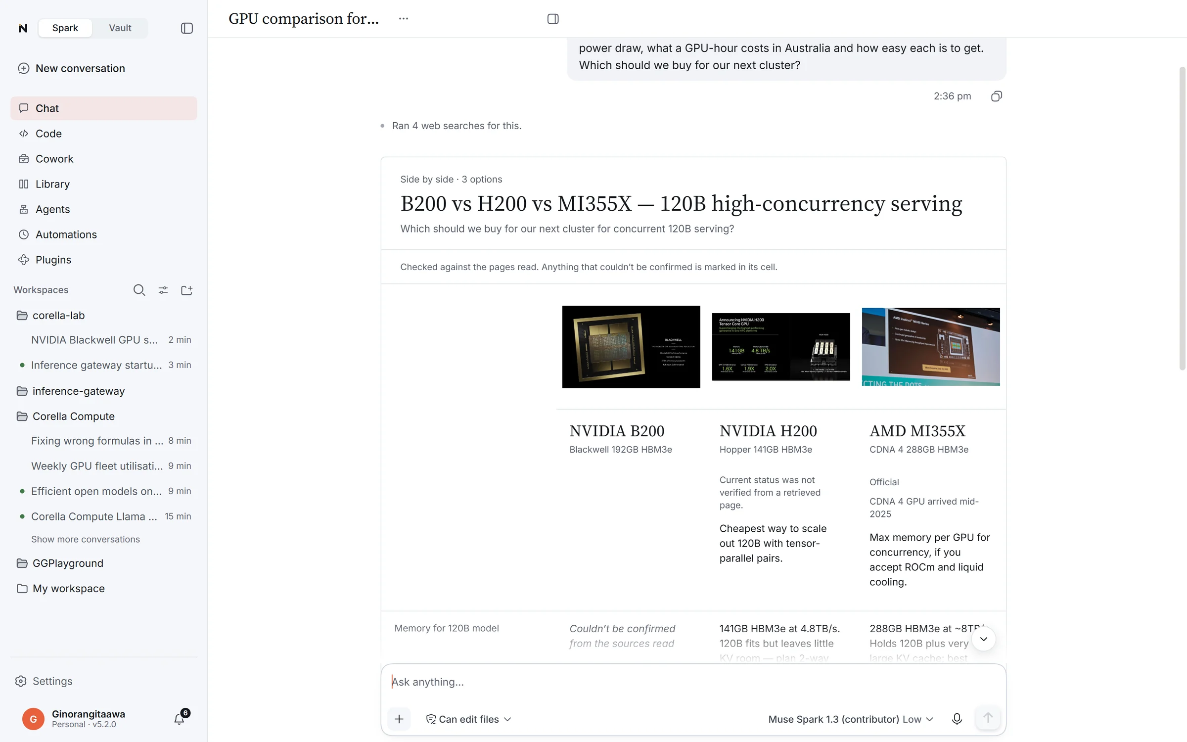 A Chat answer laid out as a comparison card: the NVIDIA B200, NVIDIA H200 and AMD MI355X side by side for serving a 120B model, checked against the pages read
