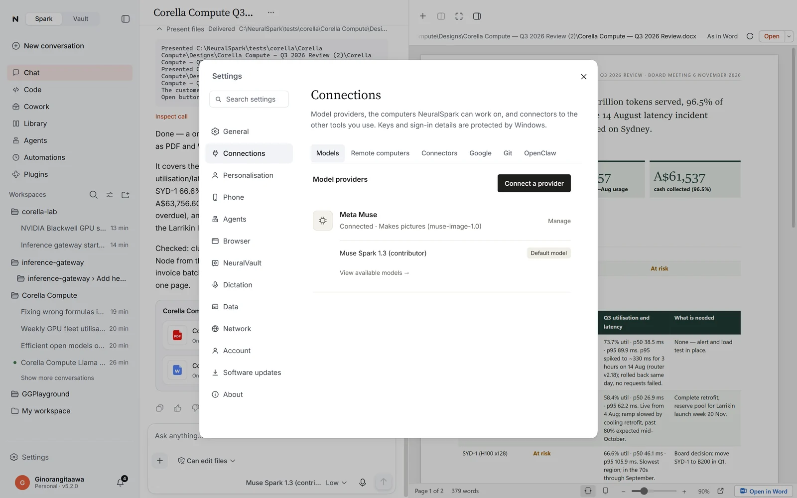 Settings, Connections: model providers, remote computers, connectors, Google, Git and OpenClaw
