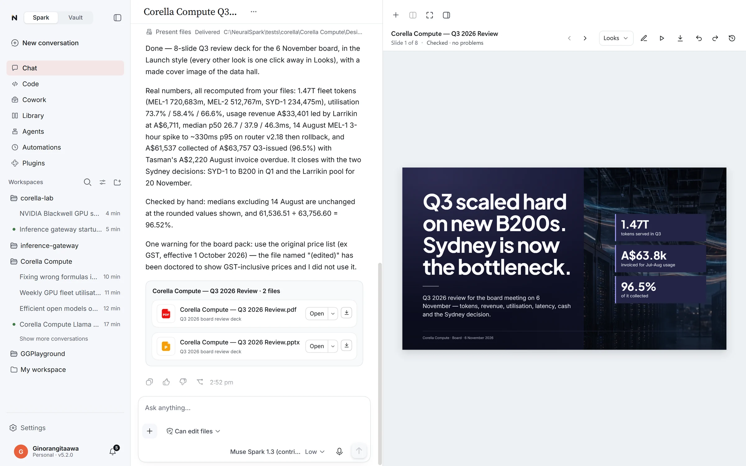 Corella Compute's Q3 board review open in the design panel beside the conversation that made it