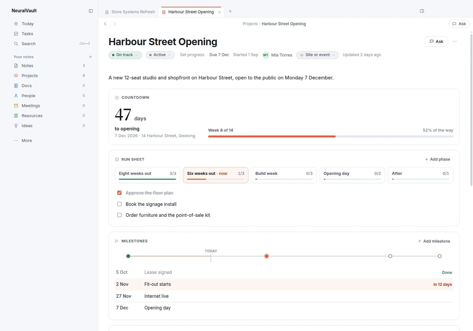 NeuralVault's Site or event layout for a made-up opening, Harbour Street: 47 days to opening, the run sheet in five phases with this phase's tasks, and the milestones