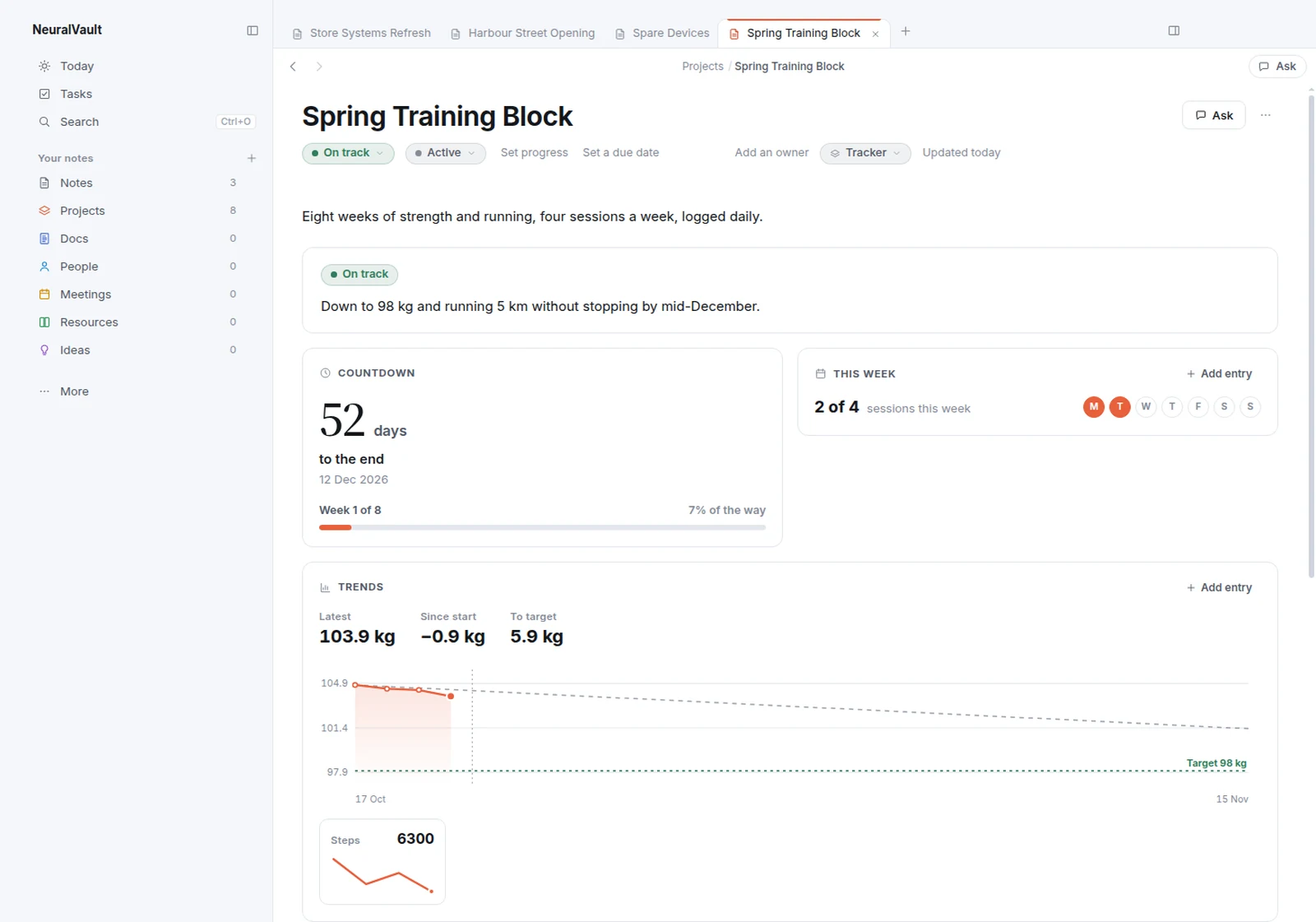 The Tracker layout for Spring Training Block: the countdown to the end, sessions this week, and weight from the log charted against a 98 kg target, with the latest entry