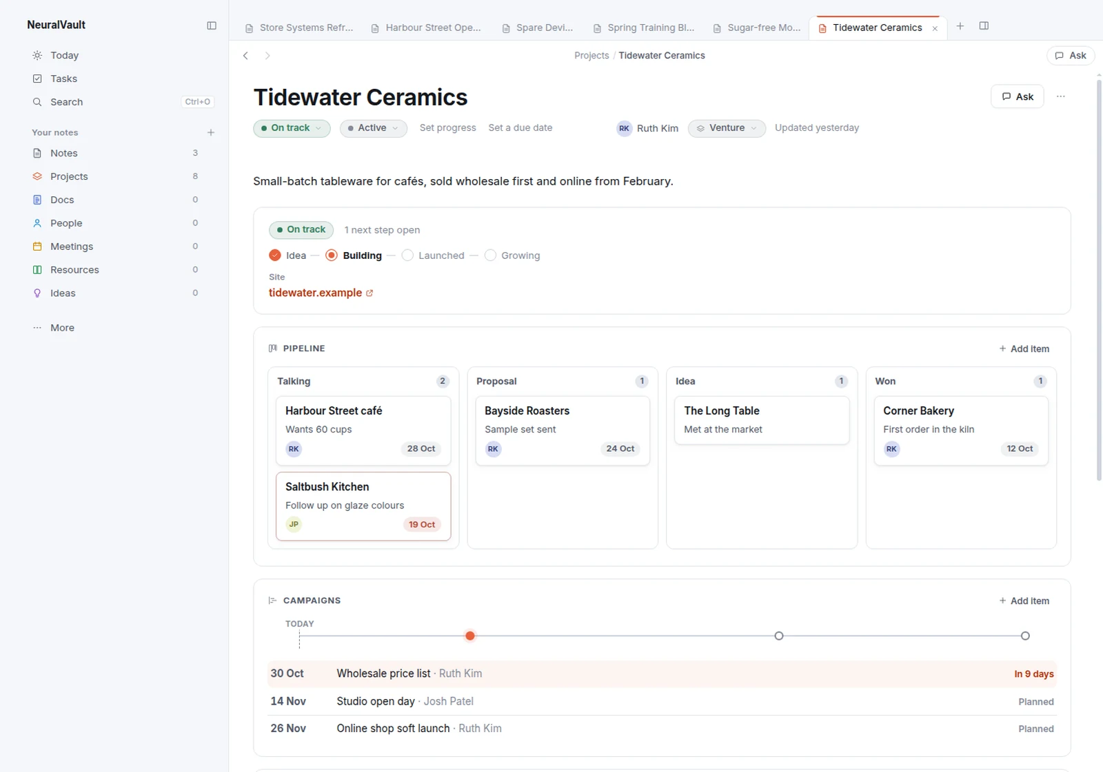 The Venture layout for Tidewater Ceramics: its stage from idea to growing, a pipeline board from talking to won, and the campaigns that are due