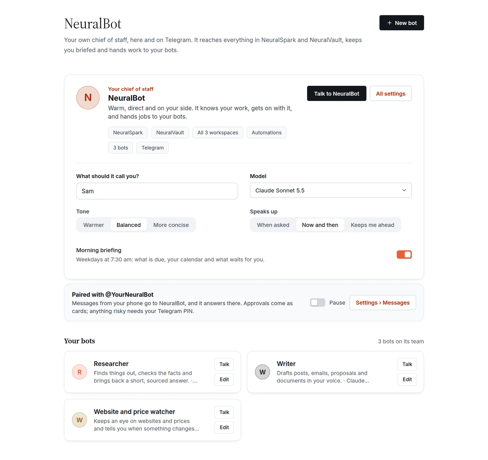 NeuralSpark's NeuralBot page: NeuralBot as your chief of staff (what to call you, tone, how often it speaks up, morning briefing, model), paired with Telegram, and your bots: Researcher, Writer and a website and price watcher