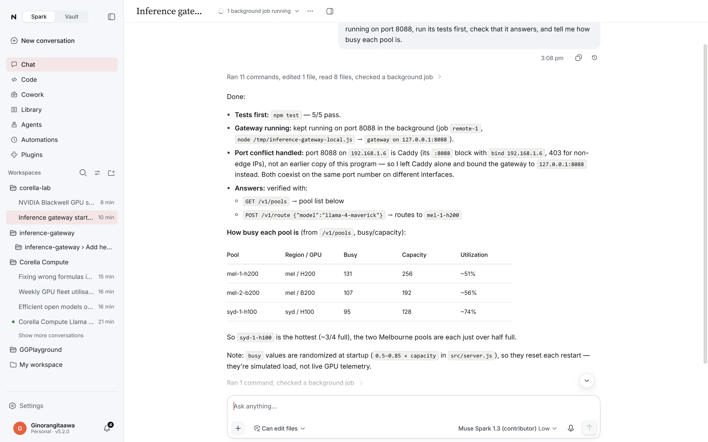 A conversation working on a remote Linux computer: it checks a model server's status and logs and reports what it found
