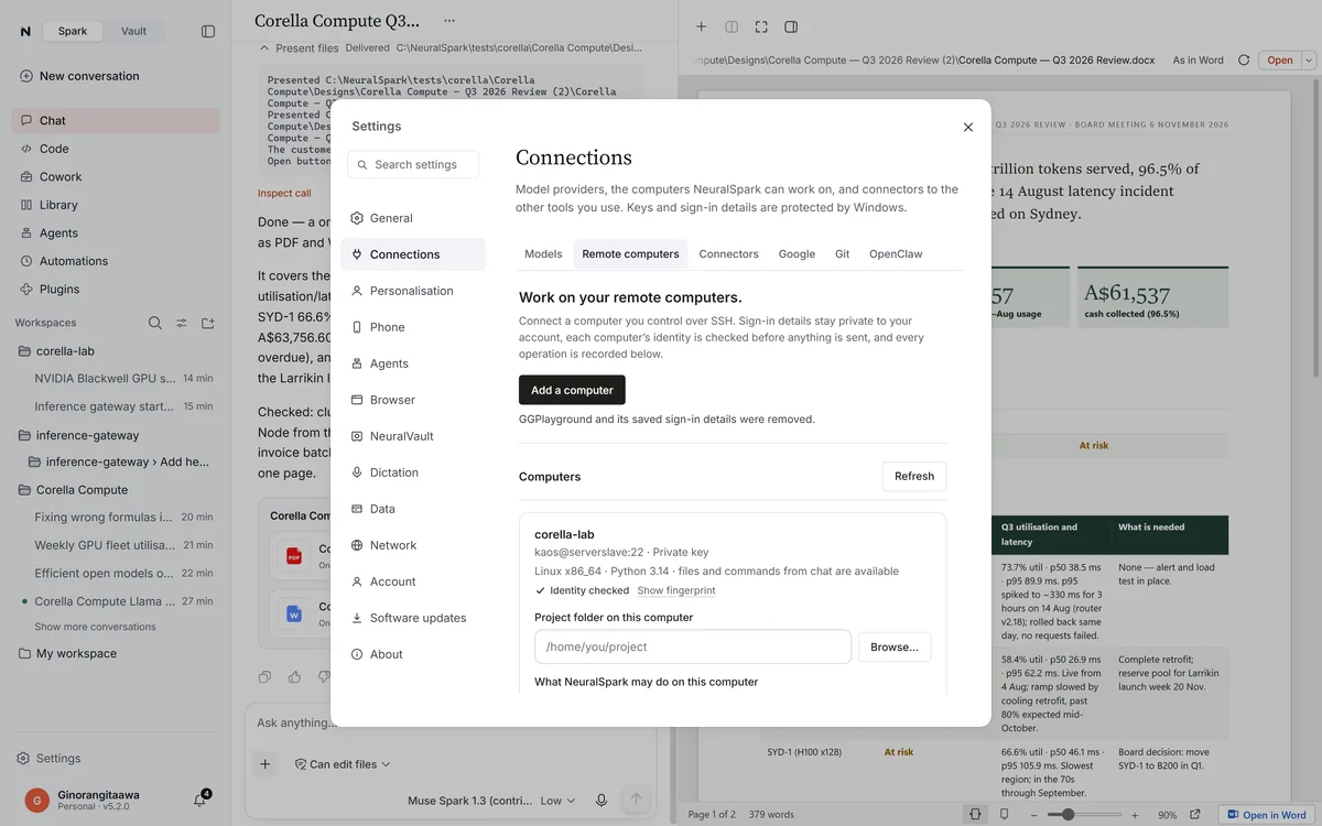 Settings, Connections, Remote computers: a computer with its access level