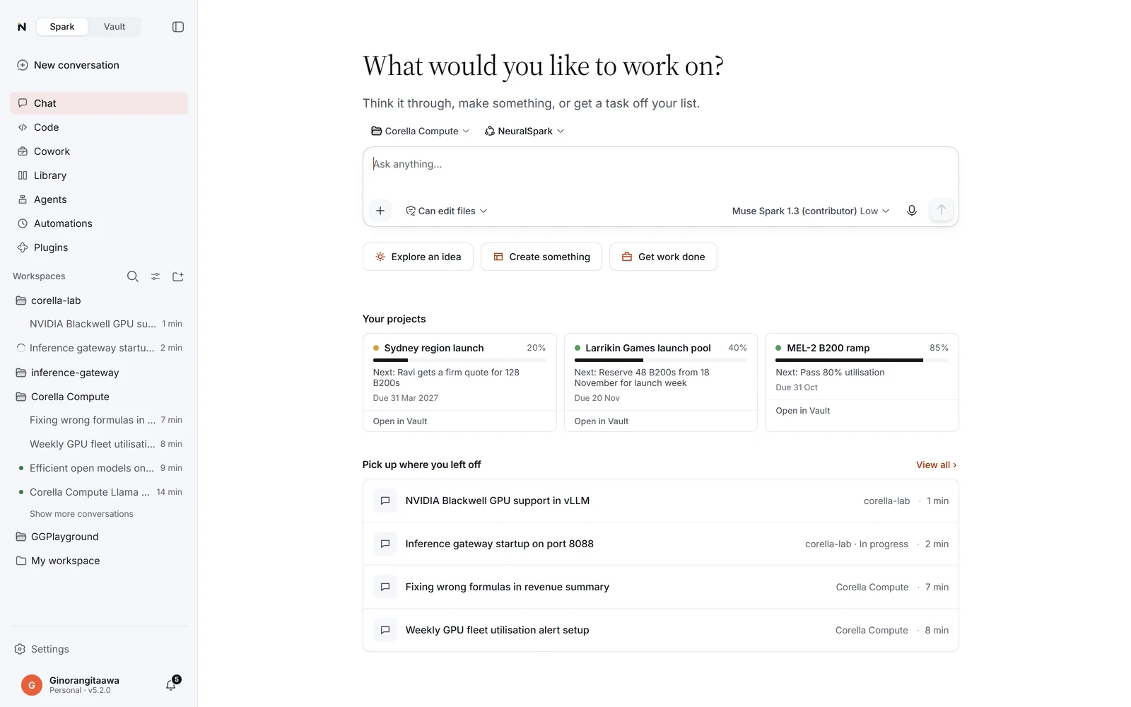 NeuralSpark's start page: a message box, the workspace and model, and Corella Compute's projects