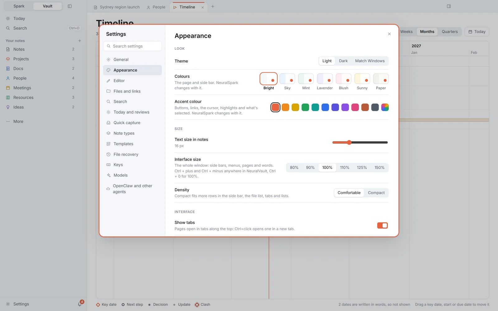 NeuralVault's Settings, Appearance: the Colours and Accent colour choices
