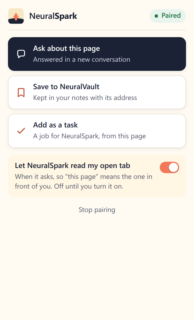 Real capture of the NeuralSpark browser extension popup, paired, with Ask about this page, Save to NeuralVault and Add as a task