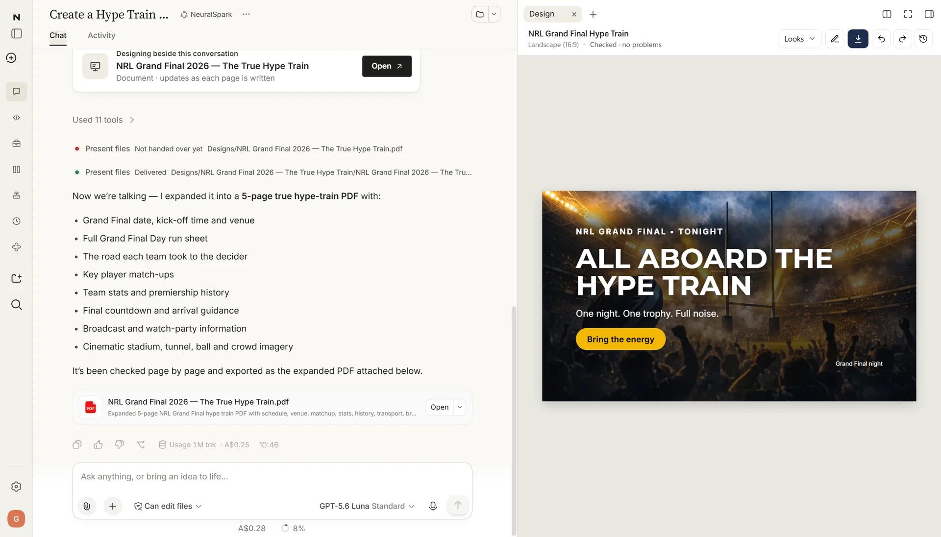 NeuralSpark in its light look: a conversation that made an NRL Grand Final hype-train PDF and poster, its steps folded into one line, the PDF ready to open and the poster open beside it, checked with no problems