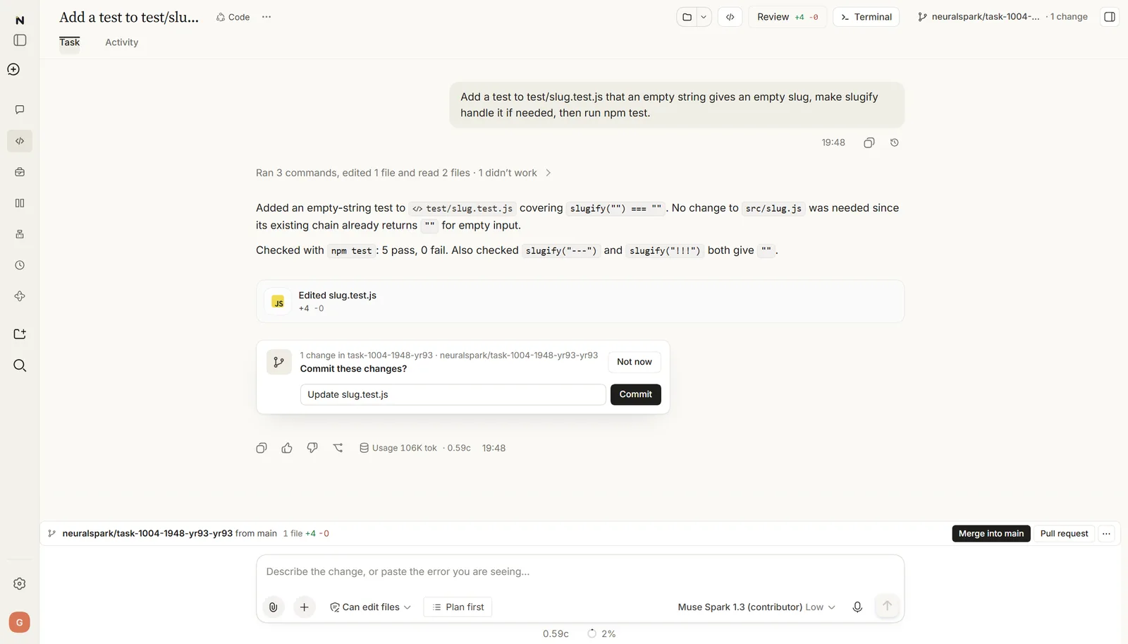 A task in Code working in its own copy of the project: asked to add a test, it ran the tests, edited one file and read two, with its steps folded into one line; the change, a commit and Merge into main are a click away