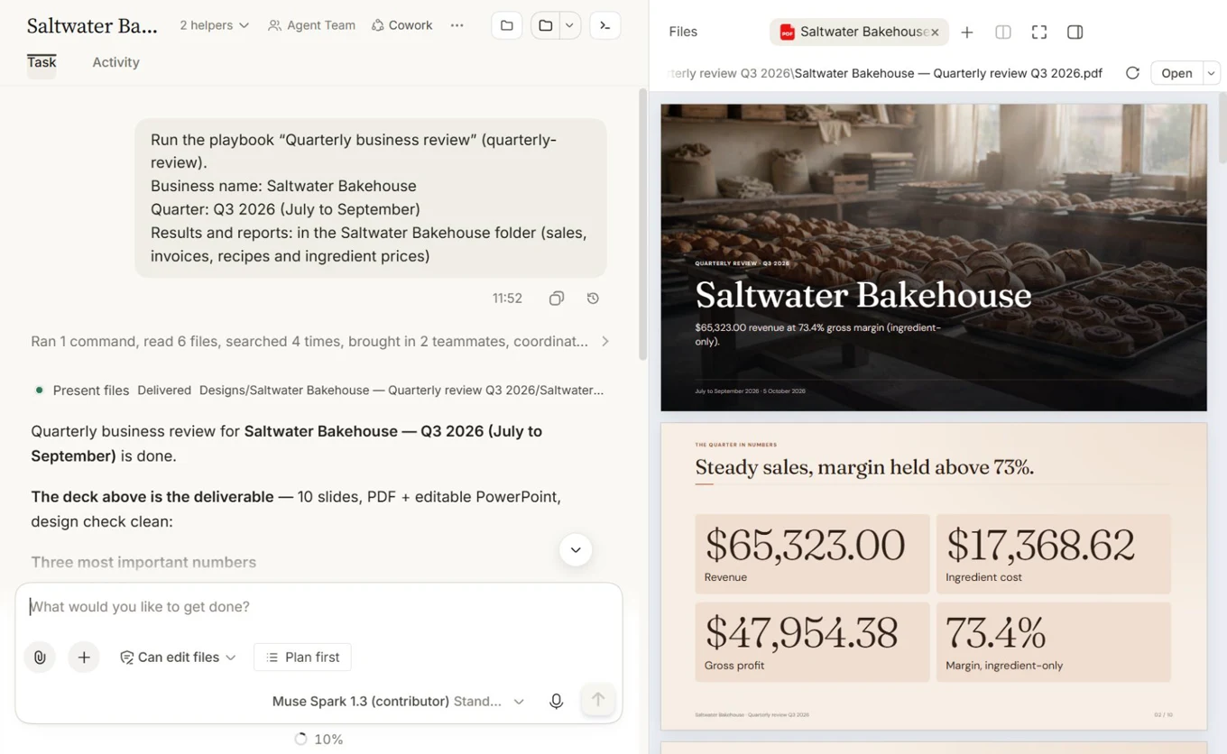 A finished Cowork task: a quarterly review for a bakery, made by a lead and two teammates from its own sales, invoices and recipes, with the designed 10-slide deck open beside it
