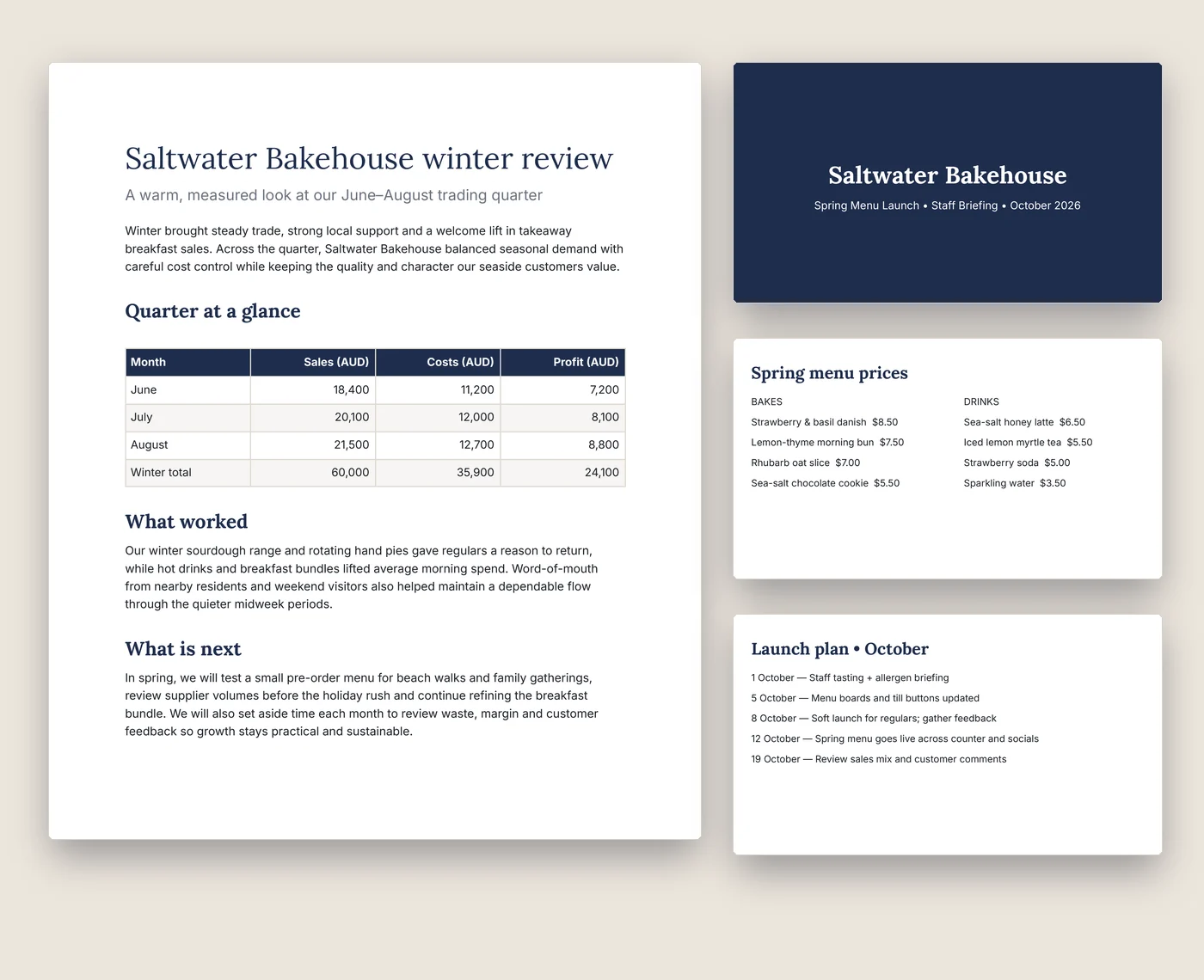 A Google Doc and three Google Slides that NeuralSpark made for a seaside bakery: a winter review with a navy title, headings and a sales, costs and profit table with a navy header row, and a spring menu deck with a navy cover, a two-column price list and an October launch plan
