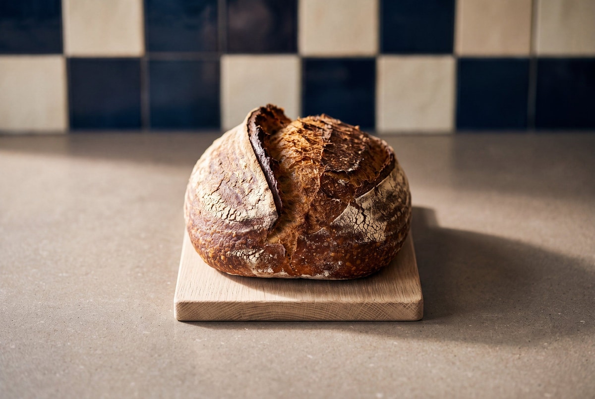 A round sourdough loaf on an oak board in front of navy and cream tiles