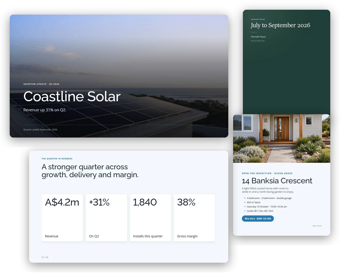 Designs NeuralSpark made from its templates: the cover and figures slide of an investor update for a solar company, a quarterly review for a physio clinic, and an open-home flyer with a photo of the house.